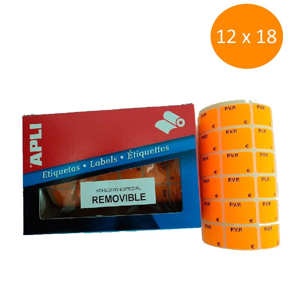 Etiquetas adhesivas en rollo 12 x 18 mm PVP naranjas  10085