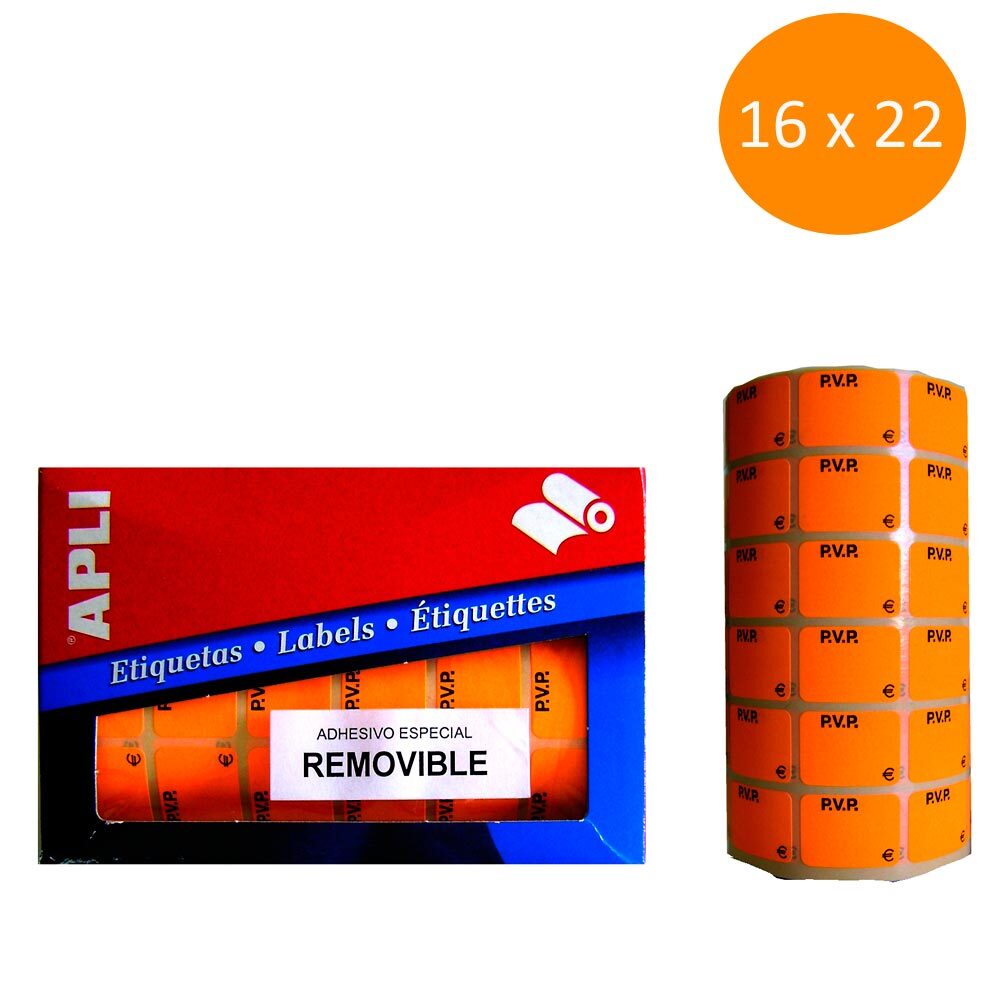 Etiquetas adhesivas en rollo 16 x 22 mm PVP naranjas  10088