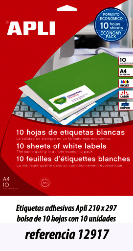Etiquetas adhesivas Apli 210 x 297 bolsa de 10 hojas con 10 unidades referencia 12917