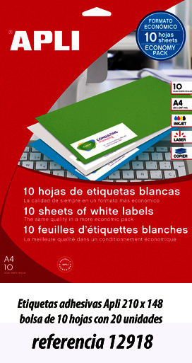 Etiquetas adhesivas Apli 210 x 148 bolsa de 10 hojas con 20 unidades referencia 12918