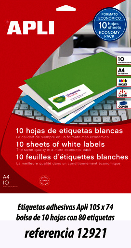 Etiquetas adhesivas Apli 105 x 74 bolsa de 10 hojas con 80 etiquetas referencia 12921