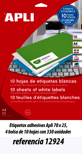 Etiquetas adhesivas Apli 70 x 25,4 bolsa de 10 hojas con 330 unidades referencia 12924