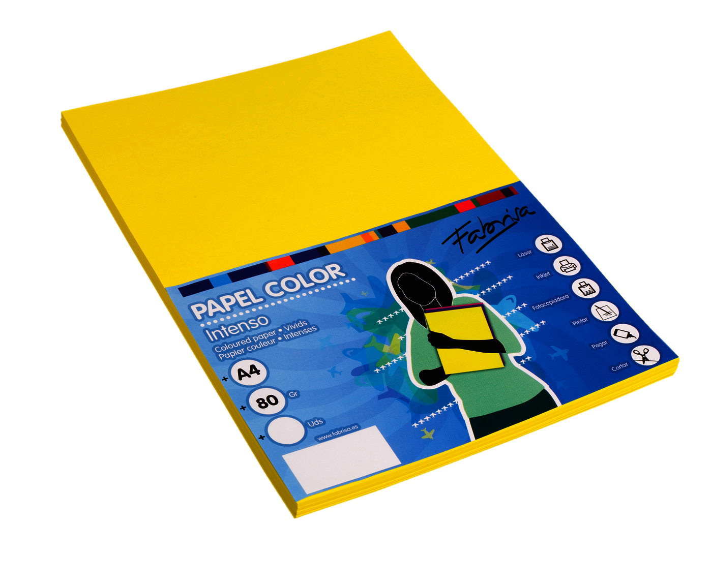 Papel color DIN A4 80 grs amarillo fuerte paquete 100 hojas. Ref 15624