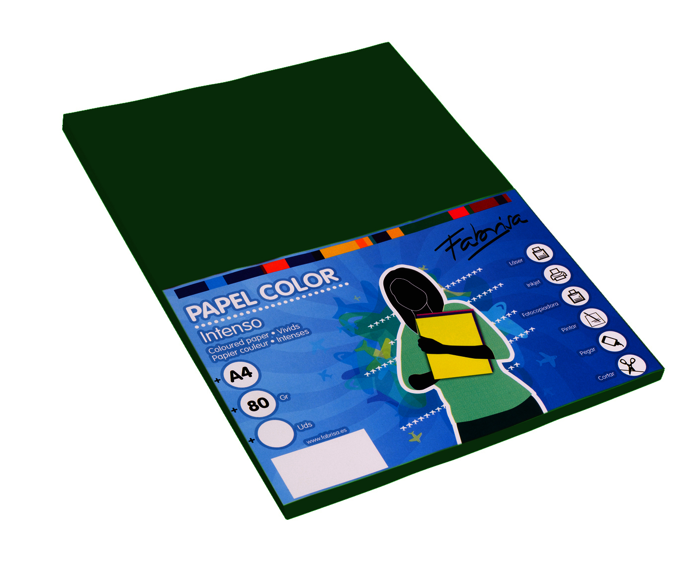Papel color DIN A4 80 grs verde oscuro paquete 100 hojas. Ref 17110