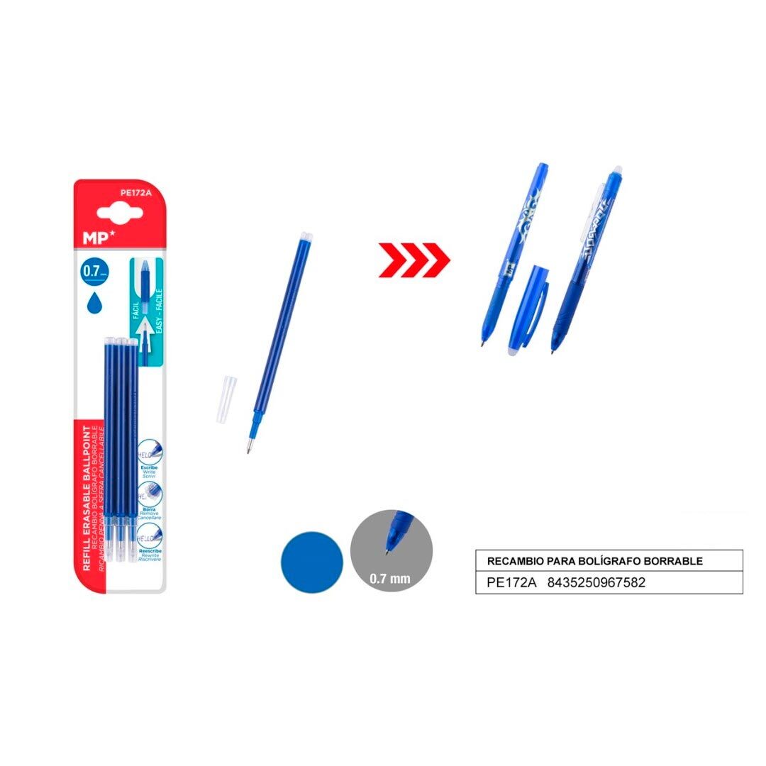 Blister con 3 Recambios para bolígrafo borrable Azul 0,7mm Tinta borrable por fricción.                            