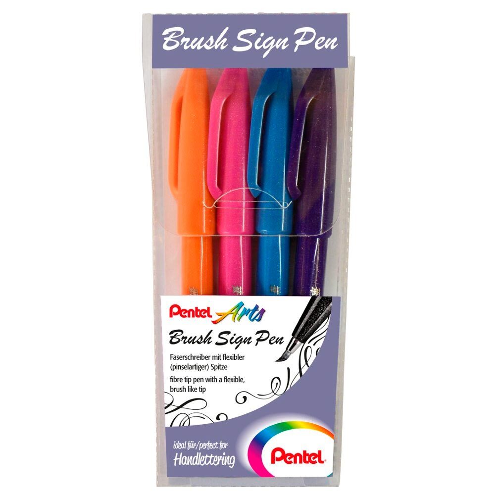 Rotulador Pentel Brush Sign Pen Blister 4 unidades (Naranja, Rosa, Azul y Morado)